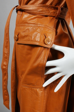 Load image into Gallery viewer, 70&#39;s Butterscotch Leather Spy Trench Coat Montgomery Ward Highly Detailed Large Rare Size Hippy Chic