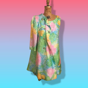 60’s Shift Dress and Coat Set by I. Magnin Pastel Floral Pink Blue Crystal Buttons