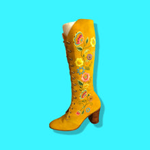 Load image into Gallery viewer, Iconic 70’s Mustard Yellow Suede Floral Embroidered Boots size 7 Wooden Heel