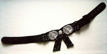 Load image into Gallery viewer, Jeweled Black Glam Suede Belt by HENRYKS BIJOUX Made in Austria Vintage 1980s Glam Swarovski Crystal Fits a waist from 23.5&quot; to 27.5&quot;