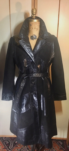 70s Suede and Leather Chevron Black Coat Long S/M Spy Trench Fit Flare