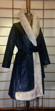 Load image into Gallery viewer, Piano Key Black Leather Trench with Cream Azurene Mink Asymmetrical Trimmed Coat 60s 70s Mod Hippy Pane Lane Almost Famous S/M/L
