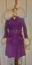 Load image into Gallery viewer, 70S Purple Leather Suede Shearling Lamb Coat Princess Belted S Penny Lane Almost Famous Hippy Princess Boho