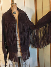 Load image into Gallery viewer, 70s Vintage Coat Jacket with Extra Long Dark Brown Suede Fringe Rare Modern Size Unisex Hendrix Studio 54 Southwestern Native Cowgirl Cowboy