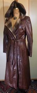 70s Leather Hooded Coat Spy Plaid Trench Boho Chic M/L