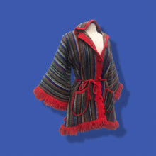 Load image into Gallery viewer, Red Columbian Peruvian Wool Hand Knit vintage Jacket Sweater 70’s Red Stripe Blanket Sweater