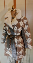 Load image into Gallery viewer, 60s Geometric Mink Leather Coat --Mod Mosaic Mink White and Brown Patchwork ColorBlock Coat S/M