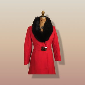 60’s Mod Red Wool and Fur Trim with Metal Belt Buckle