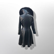 Load image into Gallery viewer, Black Lamb Leather Princess Coat Couture Made in France Massive Shearling Fox Collar