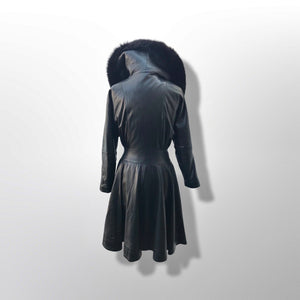 Black Lamb Leather Princess Coat Couture Made in France Massive Shearling Fox Collar