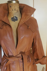 Deadstock with Tags New 70s Caramel Mocha Leather Trench Coat Spy Fit and Flare Princess Boho Chic S/M