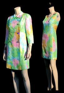 60’s Shift Dress and Coat Set by I. Magnin Pastel Floral Pink Blue Crystal Buttons