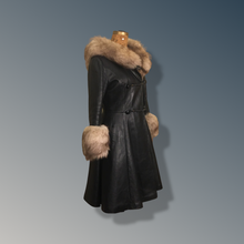 Load image into Gallery viewer, Vintage 70’s Leather Coat with Fox Fur Hood and Cuff Trim Princess Full Flare Skirt Rare OOAK 36/38 Bust Sargent Pepper Double Breasted