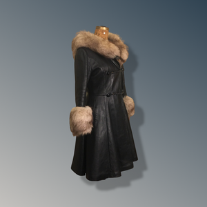 Vintage 70’s Leather Coat with Fox Fur Hood and Cuff Trim Princess Full Flare Skirt Rare OOAK 36/38 Bust Sargent Pepper Double Breasted