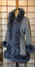 Load image into Gallery viewer, Suede Shearling Lamb Coat Grey-- Leather Tuxedo Lamb Fur Trim S/M Russian Princess Hippy Boho Princess Afghan