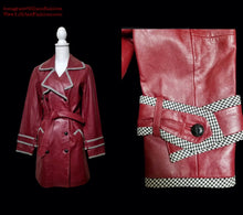 Load image into Gallery viewer, Red Bergundy Maroon Coat Trench Spy Leather  houndstooth