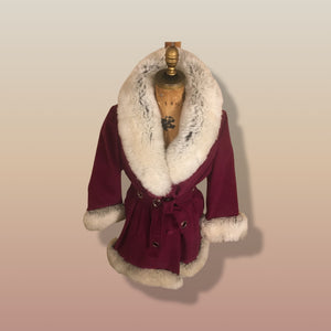 60s Wine Cranberry Coat in Velveteen and Shearling with Grommet Belt