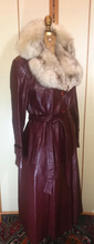 Load image into Gallery viewer, Vintage 70s Leather Coat with Removable Silver Fox Fur Collar Spy Trench Belted Fit and Flare Burgundy Oxblood Maroon Reddish Brown M/L