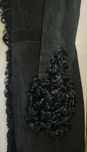 Load image into Gallery viewer, Black Suede Leather Curly Lamb Mongolian Penny Lane Almost Famous Hippy Shearling Russian Princess Coat S/M Full Length Long