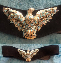 Load image into Gallery viewer, 80S GLAM SWAROVSKI CRYSTAL Belt Cinch Wide Suede and Turquoise Stones Made in Australia Studio 54 Couture