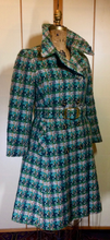 Load image into Gallery viewer, Mod Green Tweed Plaid Peacoat Coat--60s Knitted Wool Double Breasted Belted Removeable Fox Fur Coat S/M
