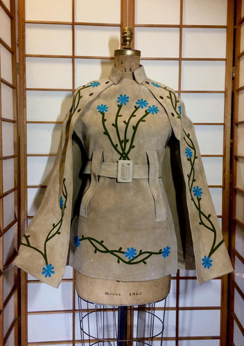 70s Suede Embroidered Floral Poncho- Belted Flower Child Cape Hippy Turquoise Floral Flowers S/M Penny Lane Almost Famous