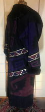 Load image into Gallery viewer, Purple Suede Aztec Patchwork Fringe Native American Leather Warm Cozy Pink Magenta Beaded Sheared Fur Long Coat M/L