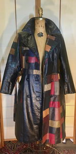 70s Leather Coat l Patchwork Fit Flare S/M Trench Spy Boho Chic Mosaic