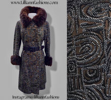 Load image into Gallery viewer, 60’s Mod Vintage Tapestry Wool Carpet Coat Black and Brown with Genuine Fur Trim