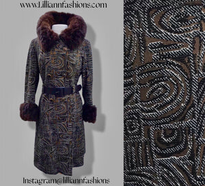 60’s Mod Vintage Tapestry Wool Carpet Coat Black and Brown with Genuine Fur Trim