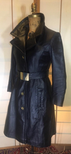 Load image into Gallery viewer, 60s Black Leather Mod Coat- Chic Minimalist Belt Belted Gold Buttons Fit Flare Jackie Kennedy Chic Soft Leather XS S Petite