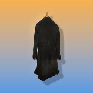 70’s 80’s Vintage Black Suede Coat Mongolian Curly Lamb Penny Lane Boho Long