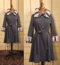Load image into Gallery viewer, Vintage Coat Gray 60s Lilli Ann Wool with Soft Fur Trim, Classic Princess Style Fit Flare Career or Evening Out