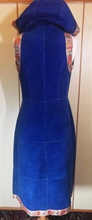 Load image into Gallery viewer, Hooded Blue Suede 70S Vest Long Satin Embroidered Orange Thick Leather Small Extra Long Hippy Chic Hippy Sleeveless Coat Russian Princess