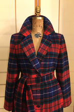 Load image into Gallery viewer, Vintage 70s Pure Wool Pendleton Red and Back Plaid Tartan Coat Belted Fit and Flare Career Fall Winter Evening