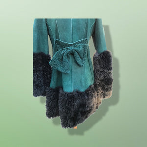 2000’s Teal Green Blue Shearling Suede Lamb Karakul Swakara Floral Coat Victorian Penny Lane Boho