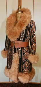Tapestry Carpet Coat Shearling Lamb Mongolian Brocade Wool Needlepoint Russian Princess S/M/L Almost Famous Penny Lane Hippy Boho Hipster