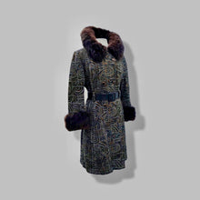 Load image into Gallery viewer, 60’s Mod Vintage Tapestry Wool Carpet Coat Black and Brown with Genuine Fur Trim