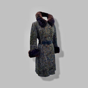 60’s Mod Vintage Tapestry Wool Carpet Coat Black and Brown with Genuine Fur Trim