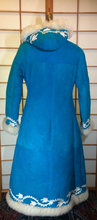 Load image into Gallery viewer, Suede and Shearling Lamb Turquoise Blue and White Embroidered Afghan Coat Almost Famous Hippy Chic Penny Lane S/M Beatles British Invasion!