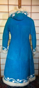Suede and Shearling Lamb Turquoise Blue and White Embroidered Afghan Coat Almost Famous Hippy Chic Penny Lane S/M Beatles British Invasion!