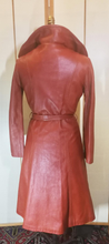 Load image into Gallery viewer, Rust Orange Cognac Color Soft Kid Leather Princess Fit and Flare Trench Spy Coat Wide Collar Classic 70s Small Petite