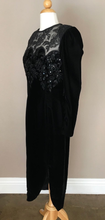 Load image into Gallery viewer, 80s 40s Velvet Embroidered Dress Sheer and Sequined Puff Sleeve Slit Bottom Asymmetrical Size M Prom Cocktail