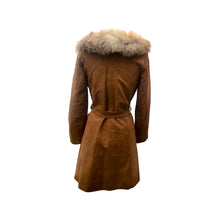 Load image into Gallery viewer, Deadstock Suede and Red Fox Fur Coat 70’s Fit Flare Wrap Style Rust Orangey Brown Color