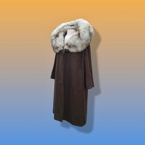 Vintage 60’s Swing Coat Massive Fox Fur Collar Brown Boucle