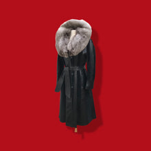 Load image into Gallery viewer, 70’s Spy Trench Black Leather with Suede inlay Fox fur Removable Collar