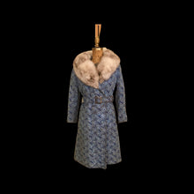 Load image into Gallery viewer, 60’s 70’s Blue Carpet Coat Needlepoint Tapestry with Norwegian Fox Fur Belted