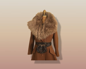 60’s Caramel Lilli Ann Shearling Fit and Flare Princess Coat with Belt Clutch Purse Set Beaded