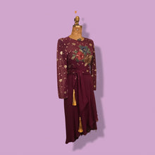 Load image into Gallery viewer, 70’s 80’s Vintage Bergundy Purple Chiffon High Low Floral Dress Tassle Extra Belt