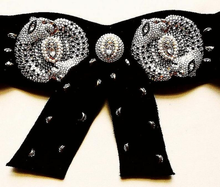 Load image into Gallery viewer, Jeweled Black Glam Suede Belt by HENRYKS BIJOUX Made in Austria Vintage 1980s Glam Swarovski Crystal Fits a waist from 23.5&quot; to 27.5&quot;